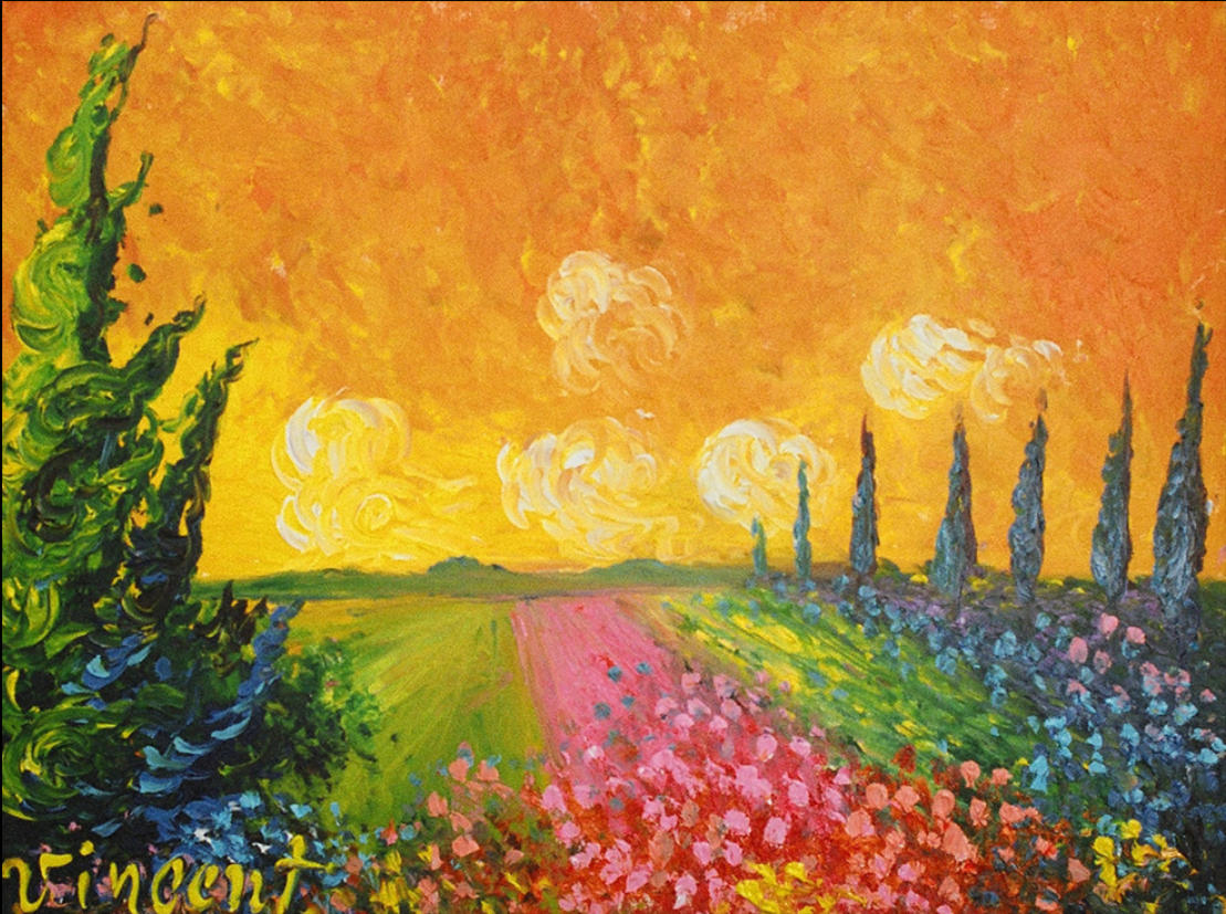 Campos floridos ao pôr-do-sol